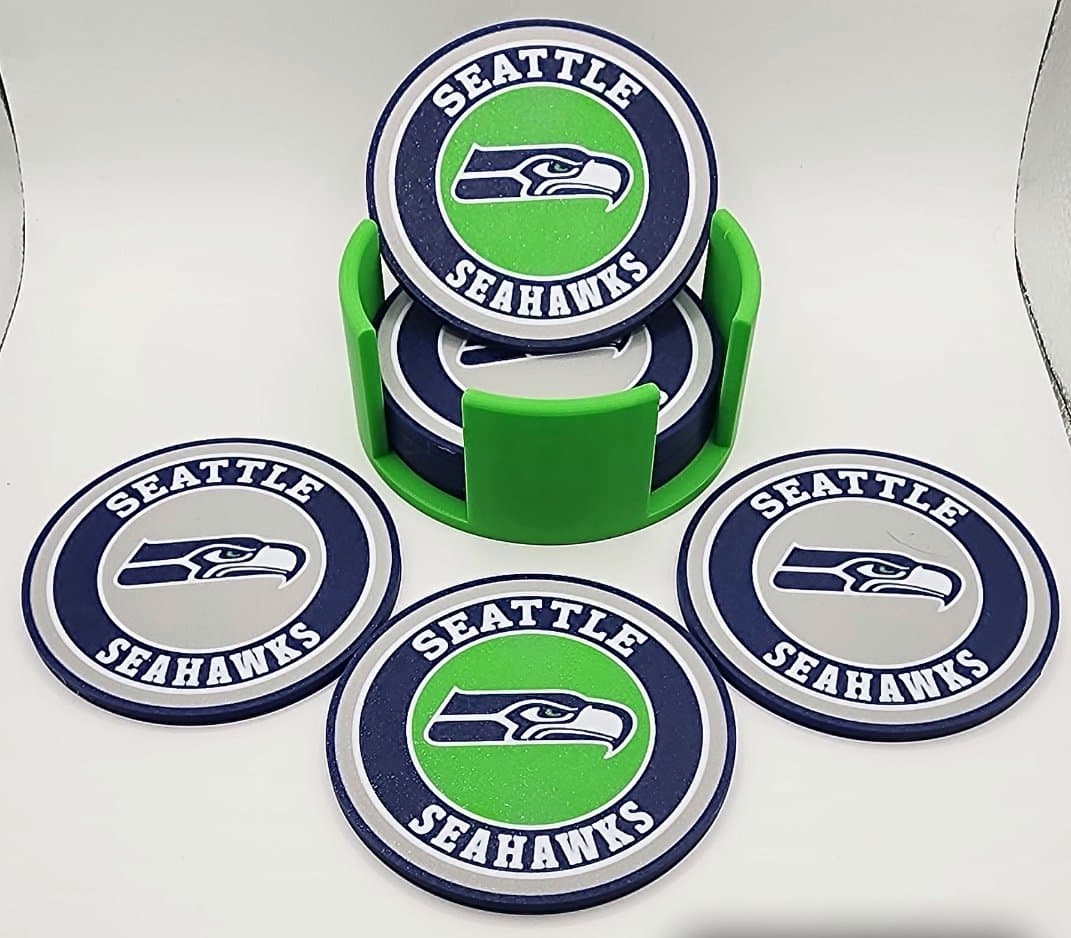 Seattle Seahawks coaster set - 6 coasters with cork bottoms and holder.