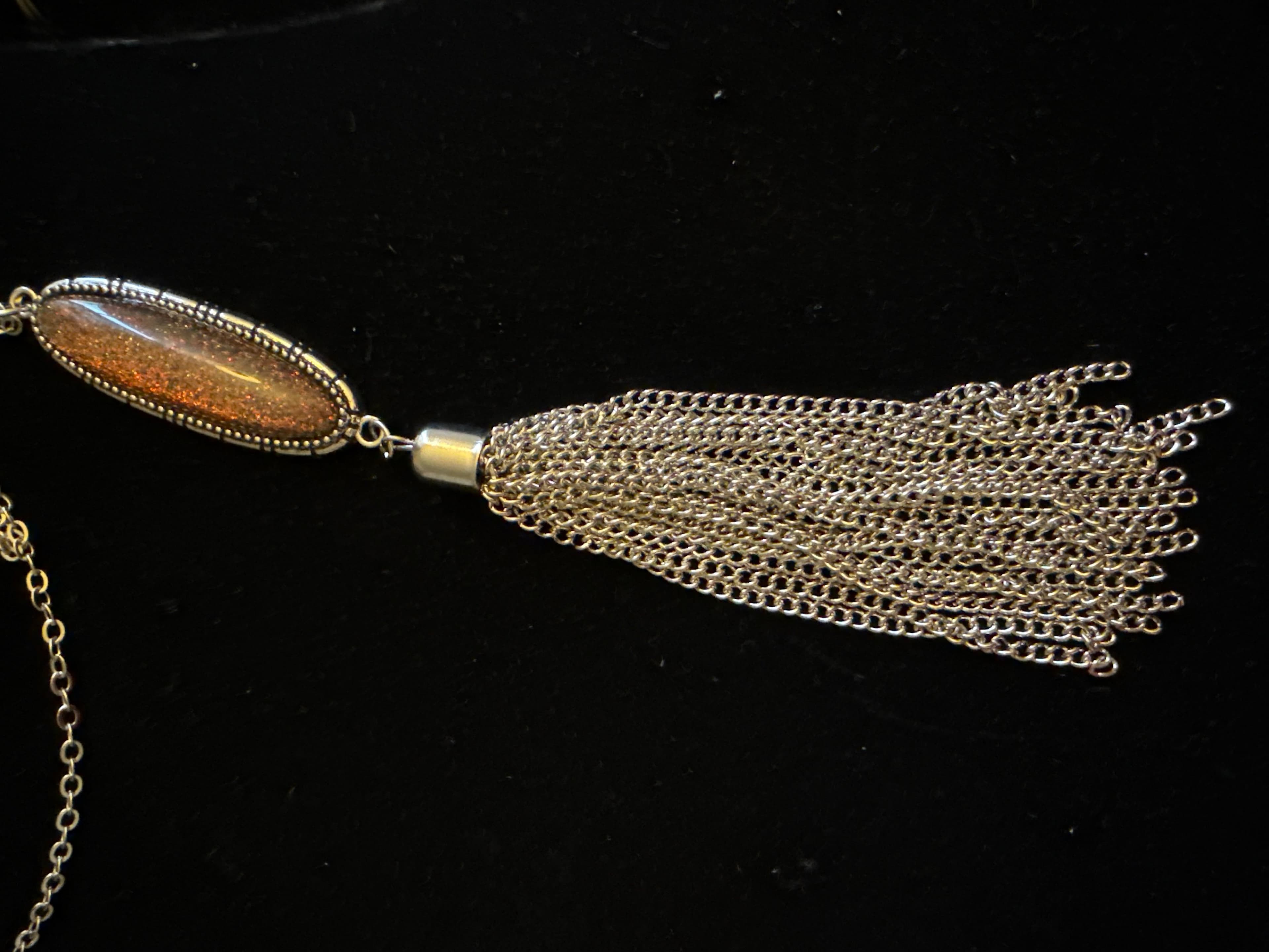 Silver Chain Necklace with Pendant and Tassel - Thumbnail 3