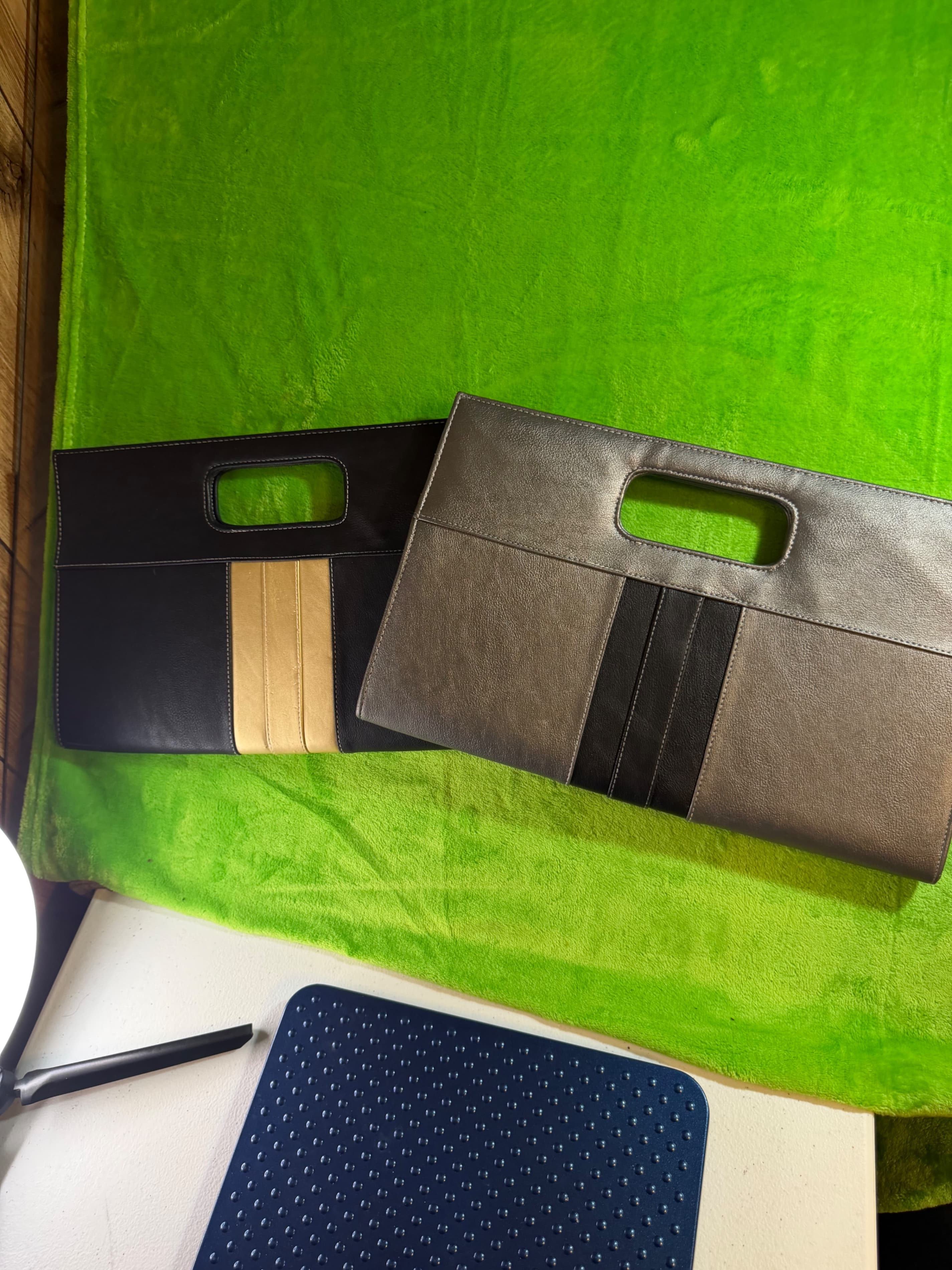 Lot of 2 Cato Clutch Bags Faux Leather Cutout Handle Black Tan Gray Stripe Y2K - Thumbnail 2