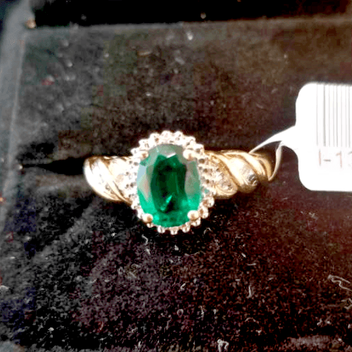 Synthetic Emerald Lady's Stone Ring Yellow Gold Electroplate 4.2g (I-131) - Thumbnail 5