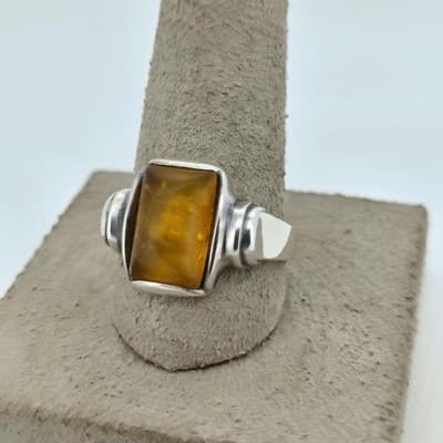 Synthetic Amber Unisex Silver & Stone Ring 925 Silver 3.6g Size:7.75 (GJE003568) - Image 1