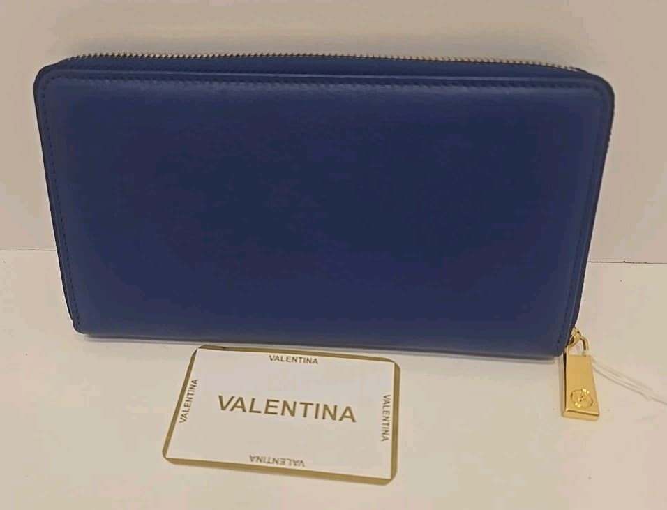 Valentina Navy Italian Vacchetta Leather Wallet Zip Around Special Edition Blue - Thumbnail 5