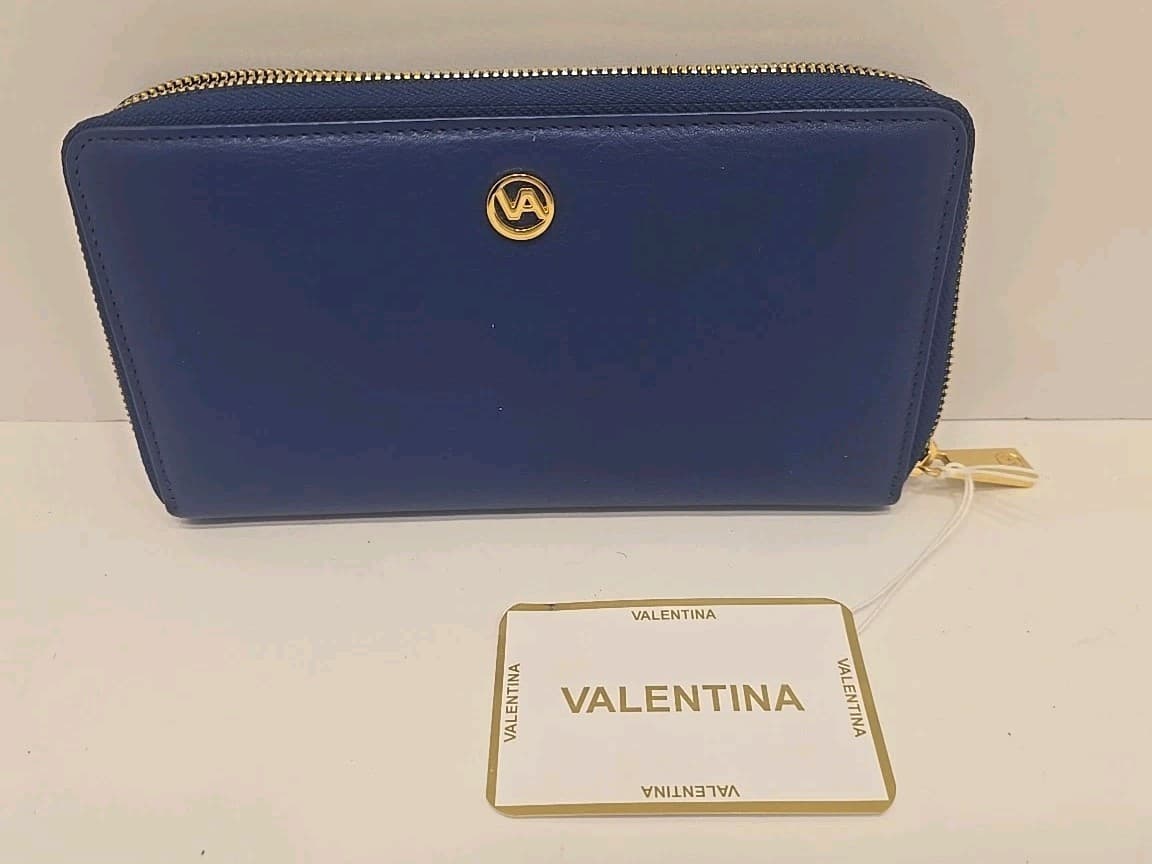 Valentina Navy Italian Vacchetta Leather Wallet Zip Around Special Edition Blue - Image 1