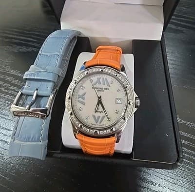 Geneva Raymond Weil, Diamond Bezel, Pearl Dial, Orange & Blue Straps Watch - Image 1