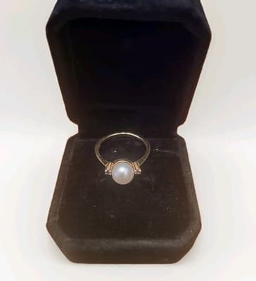 14k Yellow Gold Cultured Pearl & 2 Tanzanite Womens Trilogy Ring - Thumbnail 7