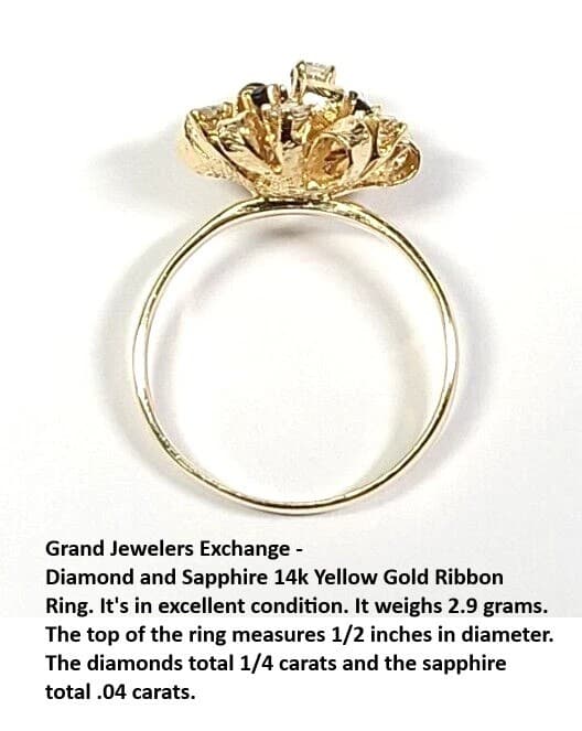 Vintage Diamond and Sapphire 14k Yellow Gold Ribbon Ring - Thumbnail 6
