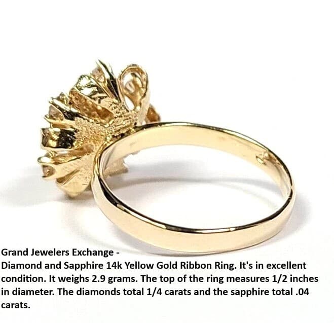 Vintage Diamond and Sapphire 14k Yellow Gold Ribbon Ring - Thumbnail 3
