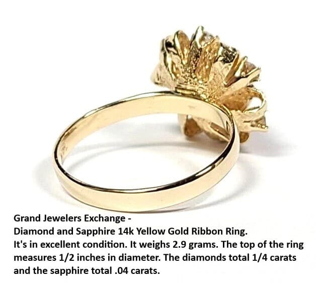 Vintage Diamond and Sapphire 14k Yellow Gold Ribbon Ring - Thumbnail 4