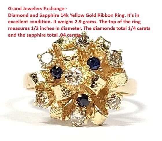 Vintage Diamond and Sapphire 14k Yellow Gold Ribbon Ring - Thumbnail 2