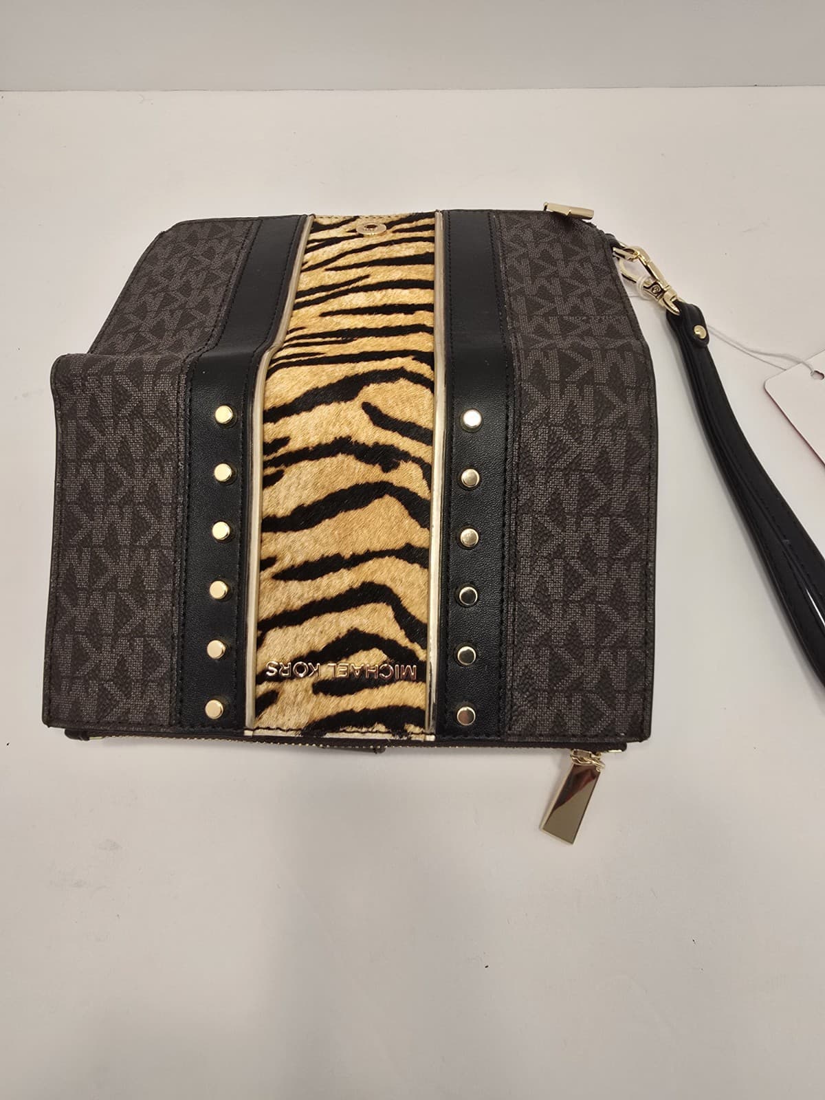 MICHAEL KORS Jet Set Double Zip Phone Wristlet Striped Pony Hair Brown MK Print - Thumbnail 13