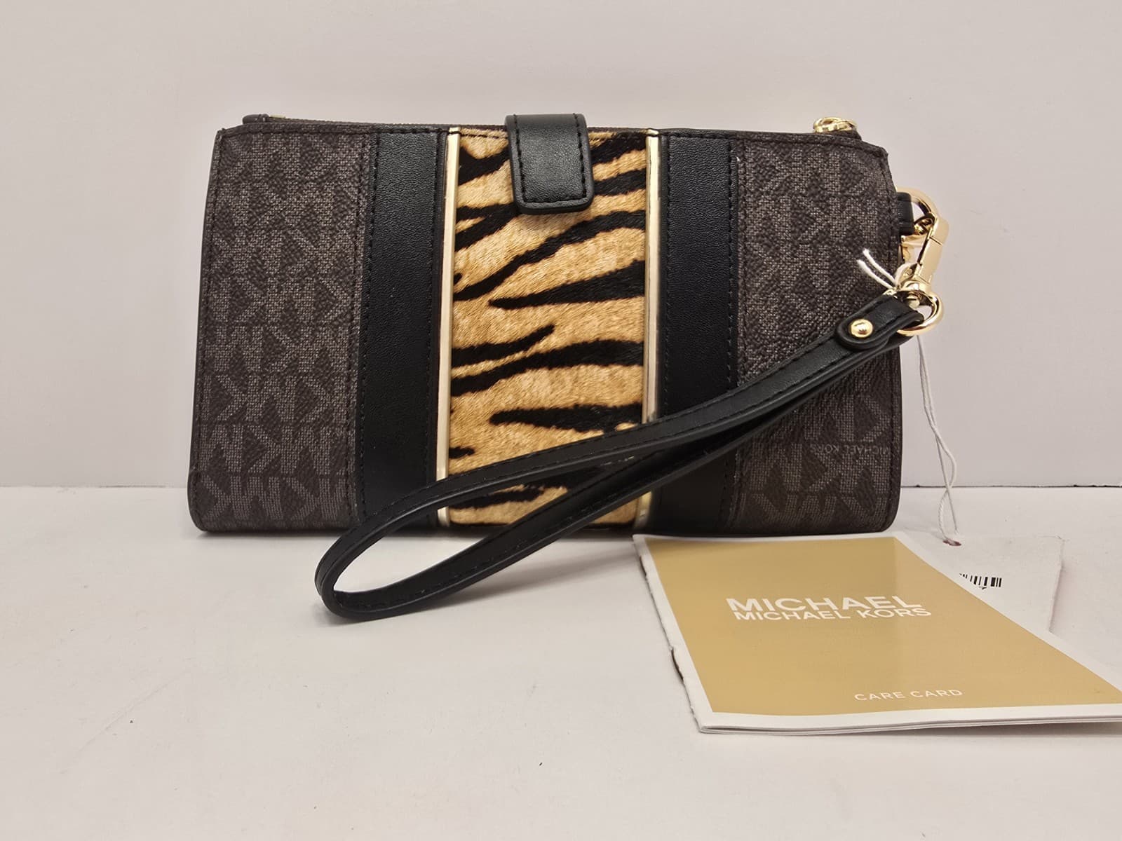 MICHAEL KORS Jet Set Double Zip Phone Wristlet Striped Pony Hair Brown MK Print - Thumbnail 16