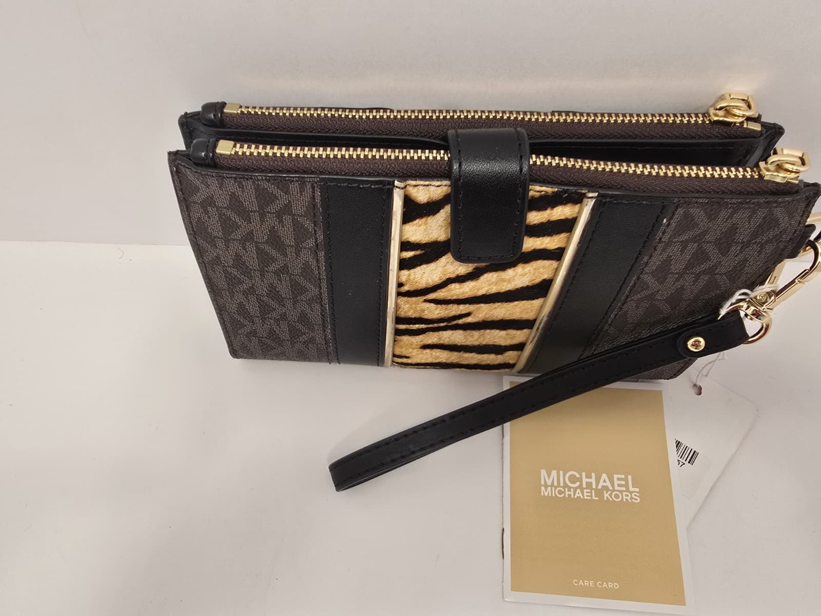 MICHAEL KORS Jet Set Double Zip Phone Wristlet Striped Pony Hair Brown MK Print - Thumbnail 15