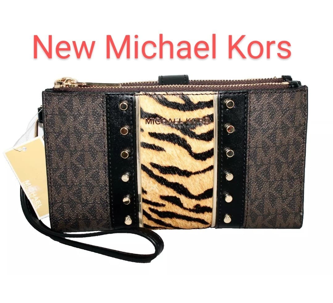 MICHAEL KORS Jet Set Double Zip Phone Wristlet Striped Pony Hair Brown MK Print - Thumbnail 19