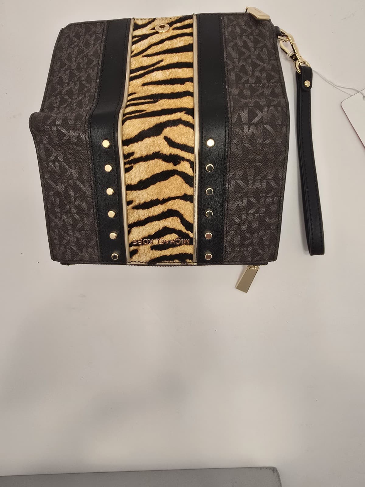 MICHAEL KORS Jet Set Double Zip Phone Wristlet Striped Pony Hair Brown MK Print - Thumbnail 7