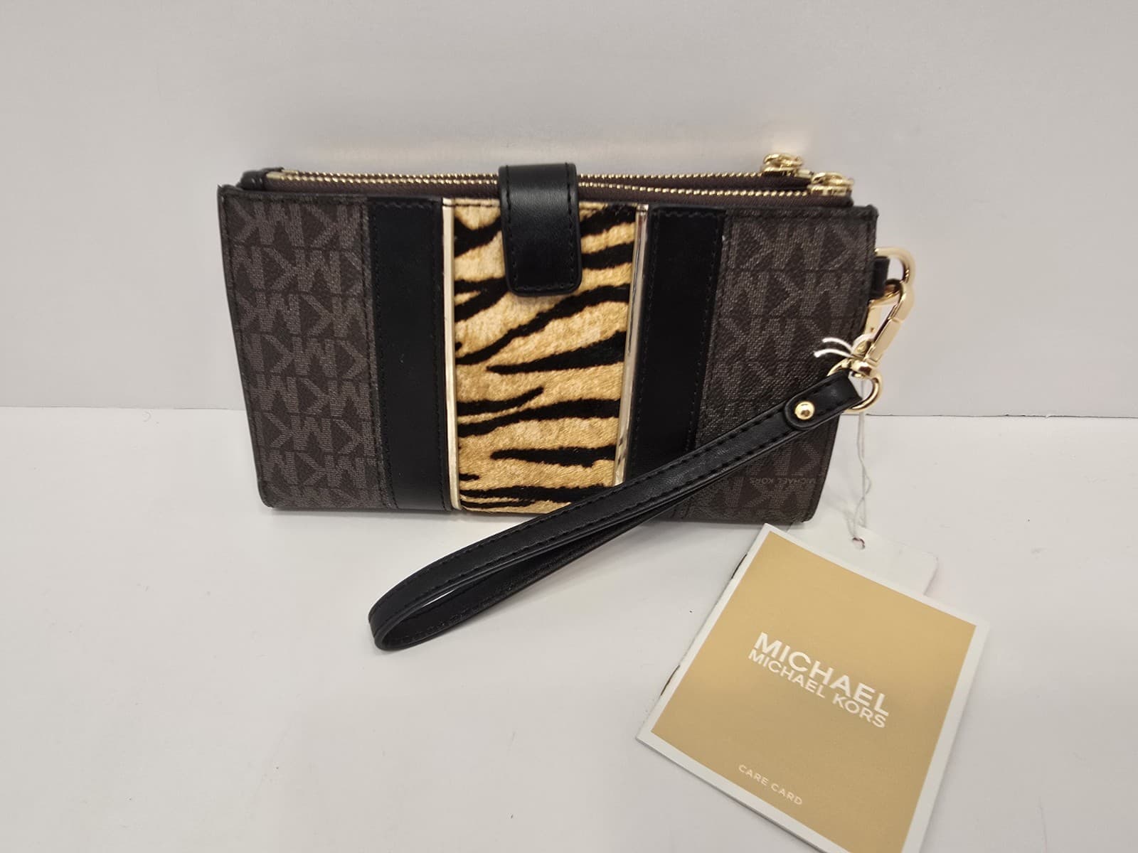 MICHAEL KORS Jet Set Double Zip Phone Wristlet Striped Pony Hair Brown MK Print - Image 1