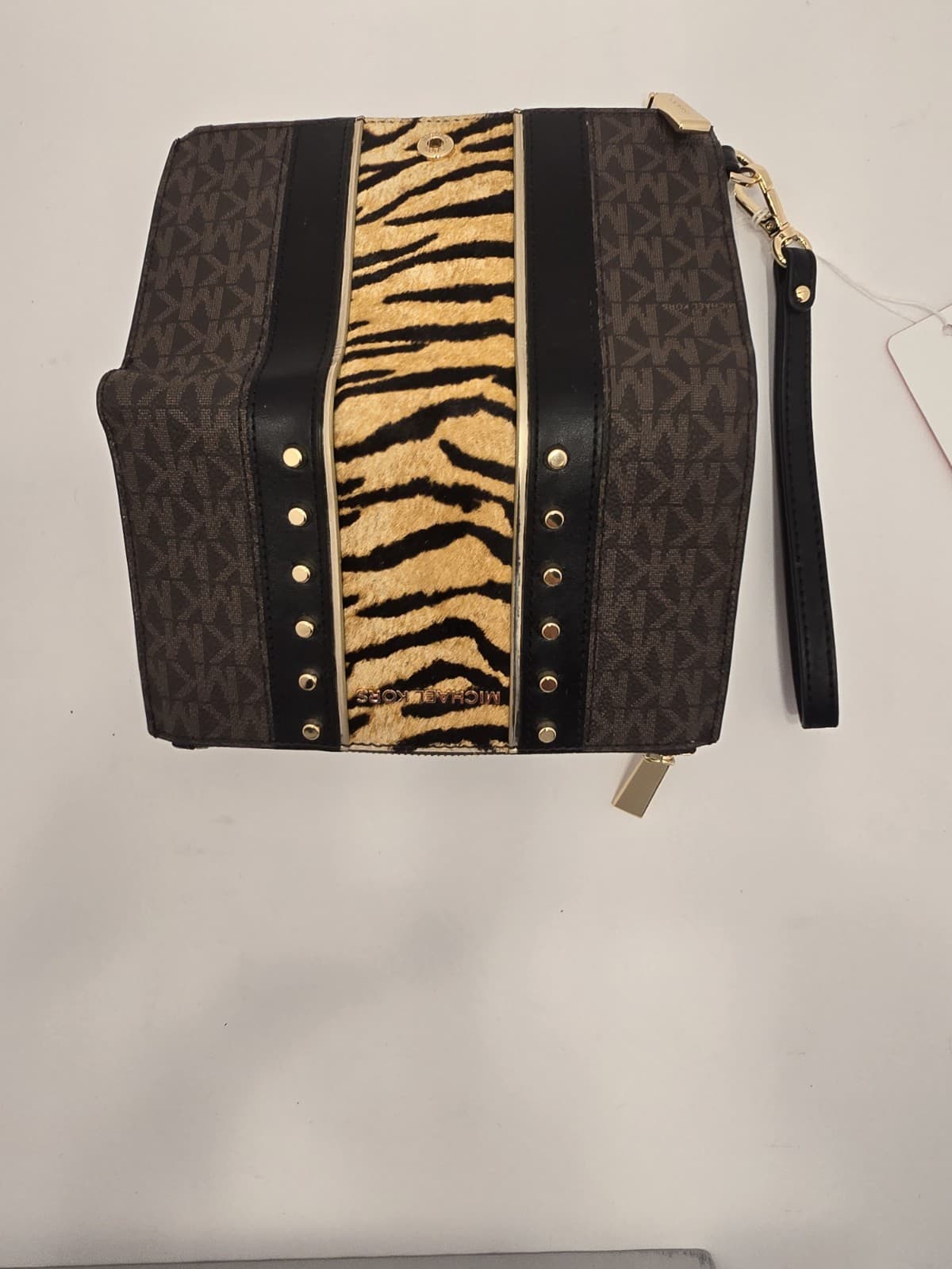 MICHAEL KORS Jet Set Double Zip Phone Wristlet Striped Pony Hair Brown MK Print - Thumbnail 12