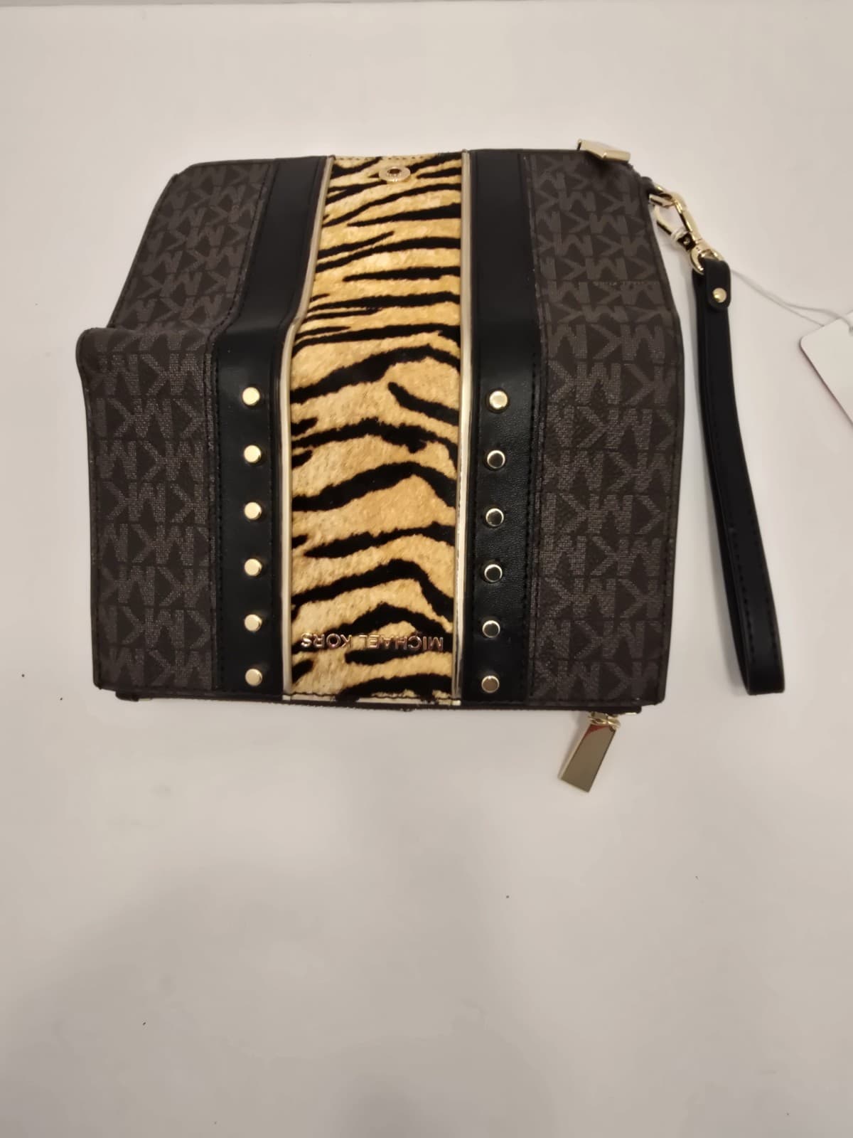 MICHAEL KORS Jet Set Double Zip Phone Wristlet Striped Pony Hair Brown MK Print - Thumbnail 9