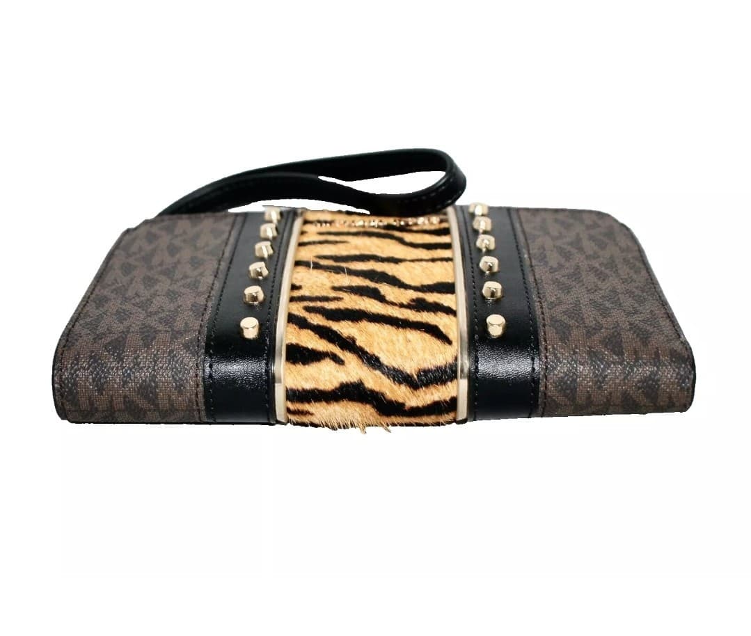 MICHAEL KORS Jet Set Double Zip Phone Wristlet Striped Pony Hair Brown MK Print - Thumbnail 23