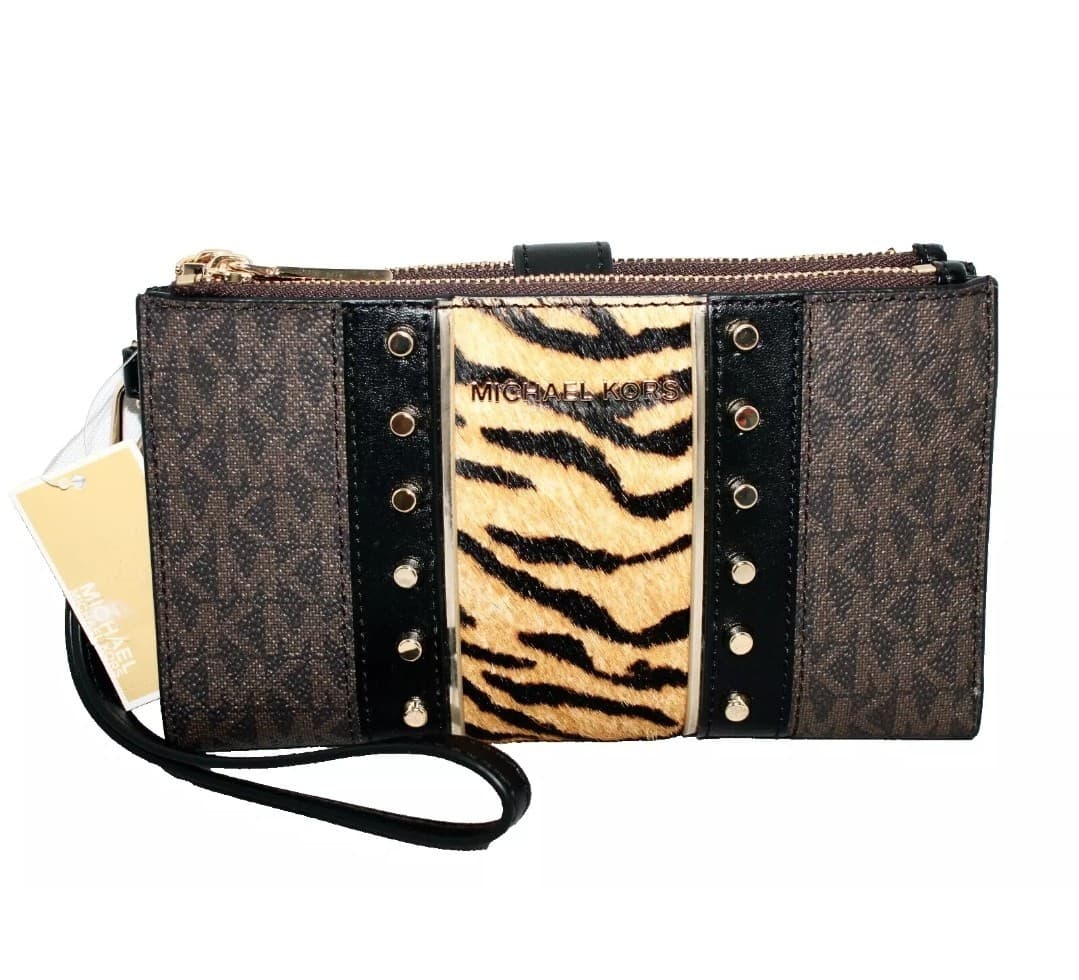 MICHAEL KORS Jet Set Double Zip Phone Wristlet Striped Pony Hair Brown MK Print - Thumbnail 22