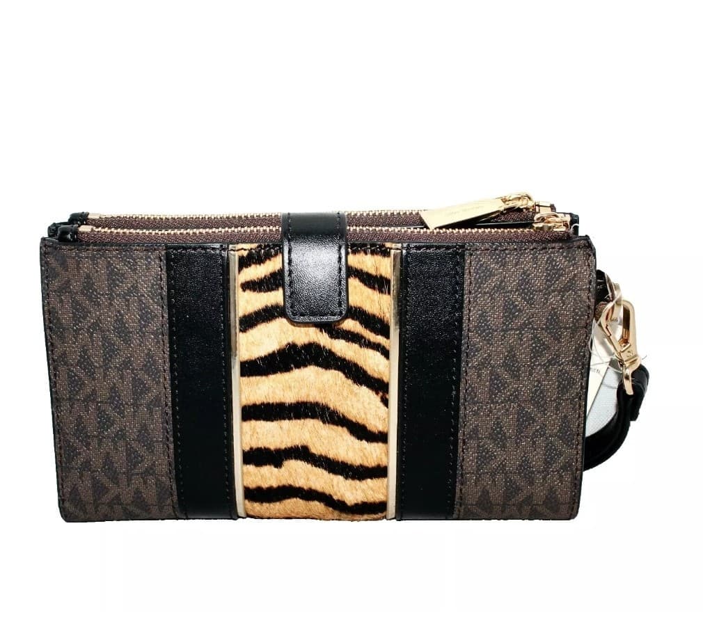 MICHAEL KORS Jet Set Double Zip Phone Wristlet Striped Pony Hair Brown MK Print - Thumbnail 24