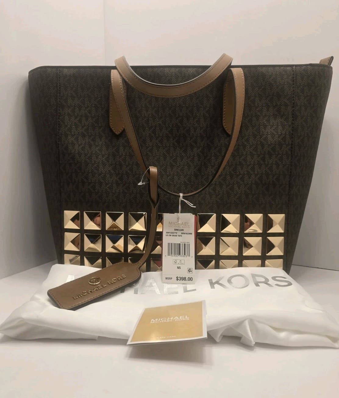 NEW MICHAEL Kors Sinclair Large Studded Logo Tote Brown/Acorn MSRP $398 - Image 1