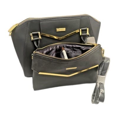 JOY & IMAN Couture Leather Satchel & Clutch with Velvet Detail-Grey - 2 BAGS SET - Image 1