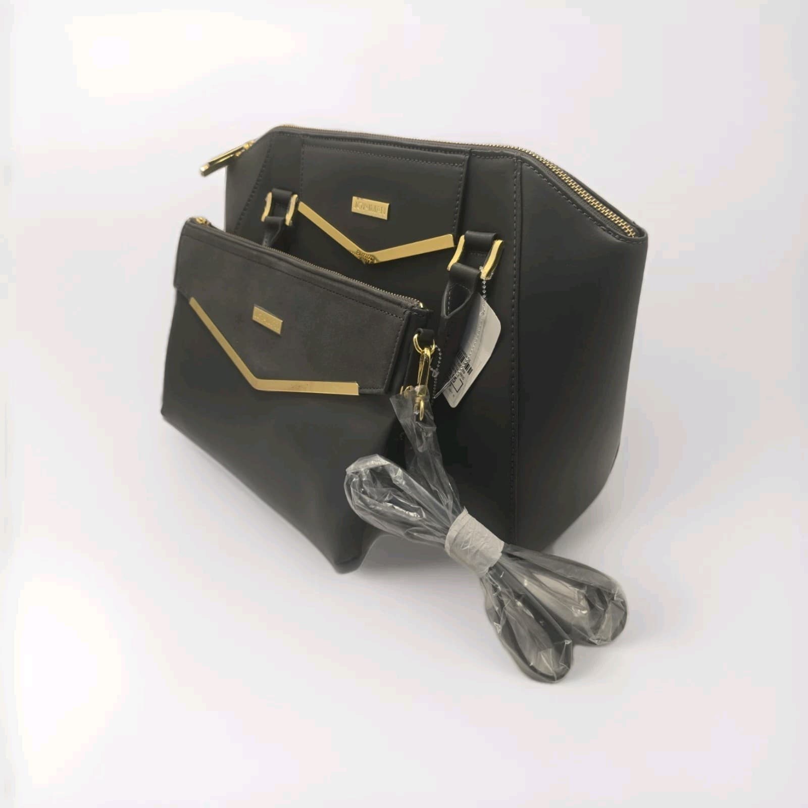 JOY & IMAN Couture Leather Satchel & Clutch with Velvet Detail-Grey - 2 BAGS SET - Thumbnail 3