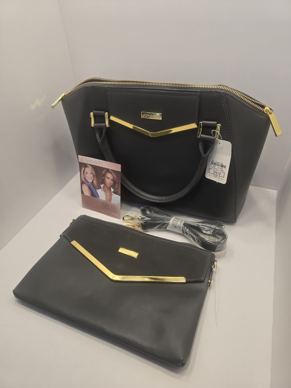 JOY & IMAN Couture Leather Satchel & Clutch with Velvet Detail-Grey - 2 BAGS SET - Thumbnail 16