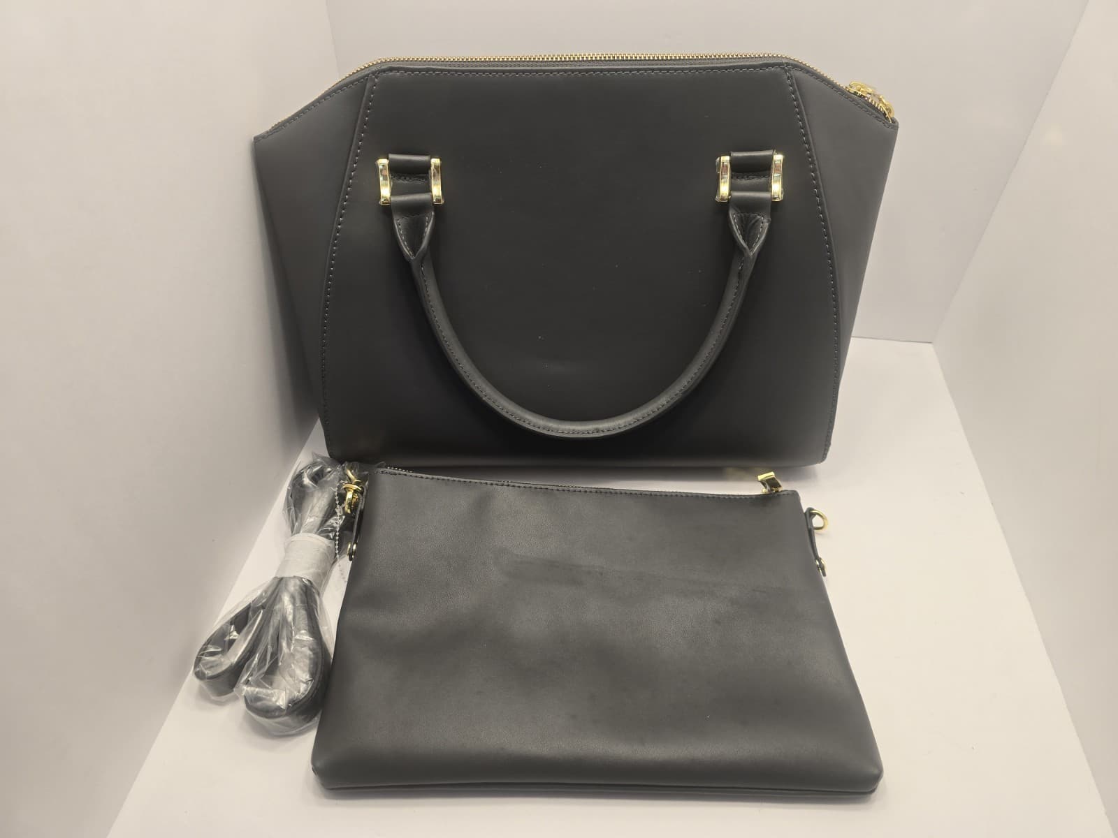 JOY & IMAN Couture Leather Satchel & Clutch with Velvet Detail-Grey - 2 BAGS SET - Thumbnail 9