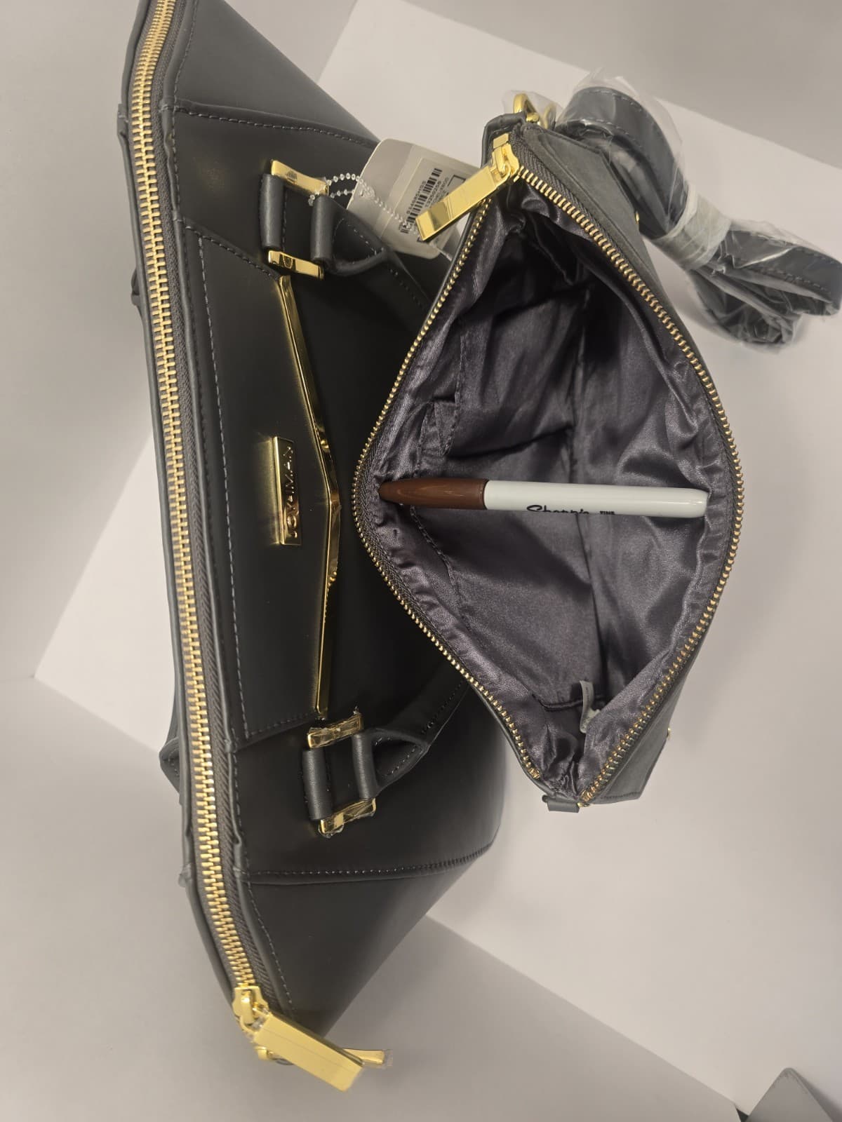 JOY & IMAN Couture Leather Satchel & Clutch with Velvet Detail-Grey - 2 BAGS SET - Thumbnail 12