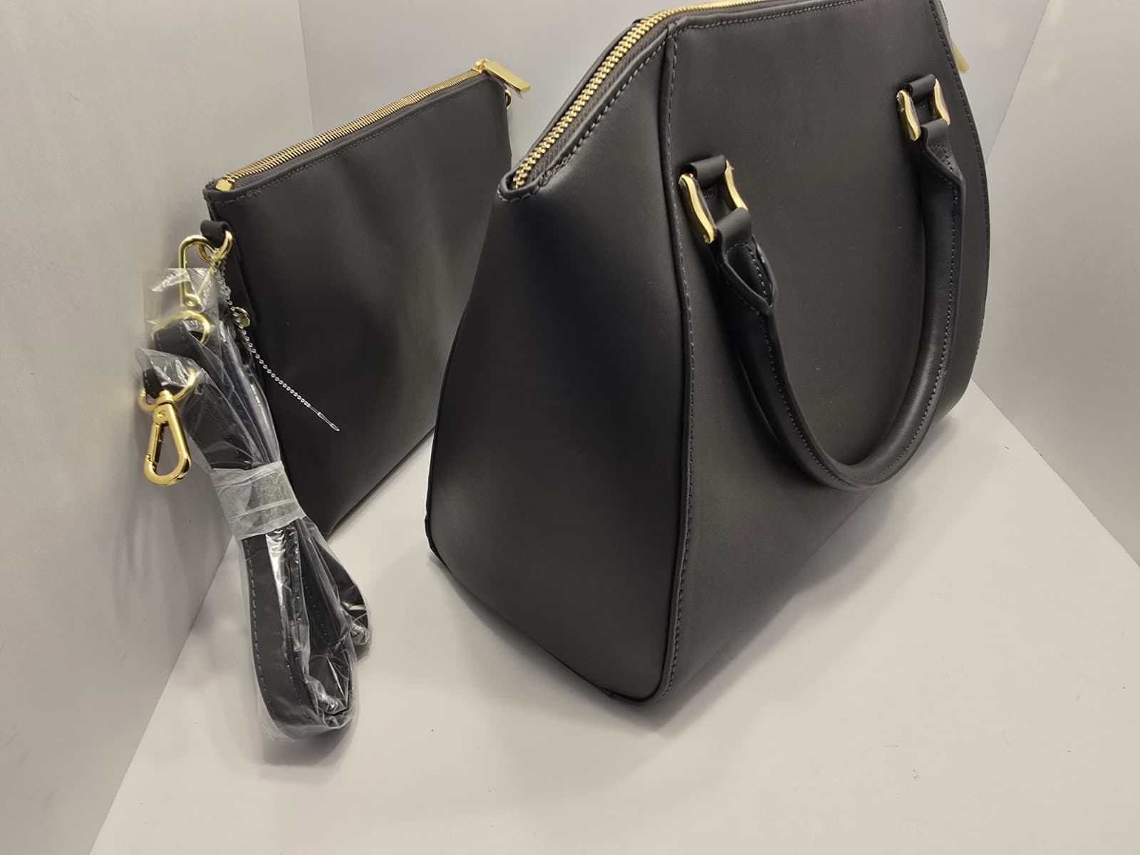 JOY & IMAN Couture Leather Satchel & Clutch with Velvet Detail-Grey - 2 BAGS SET - Thumbnail 14