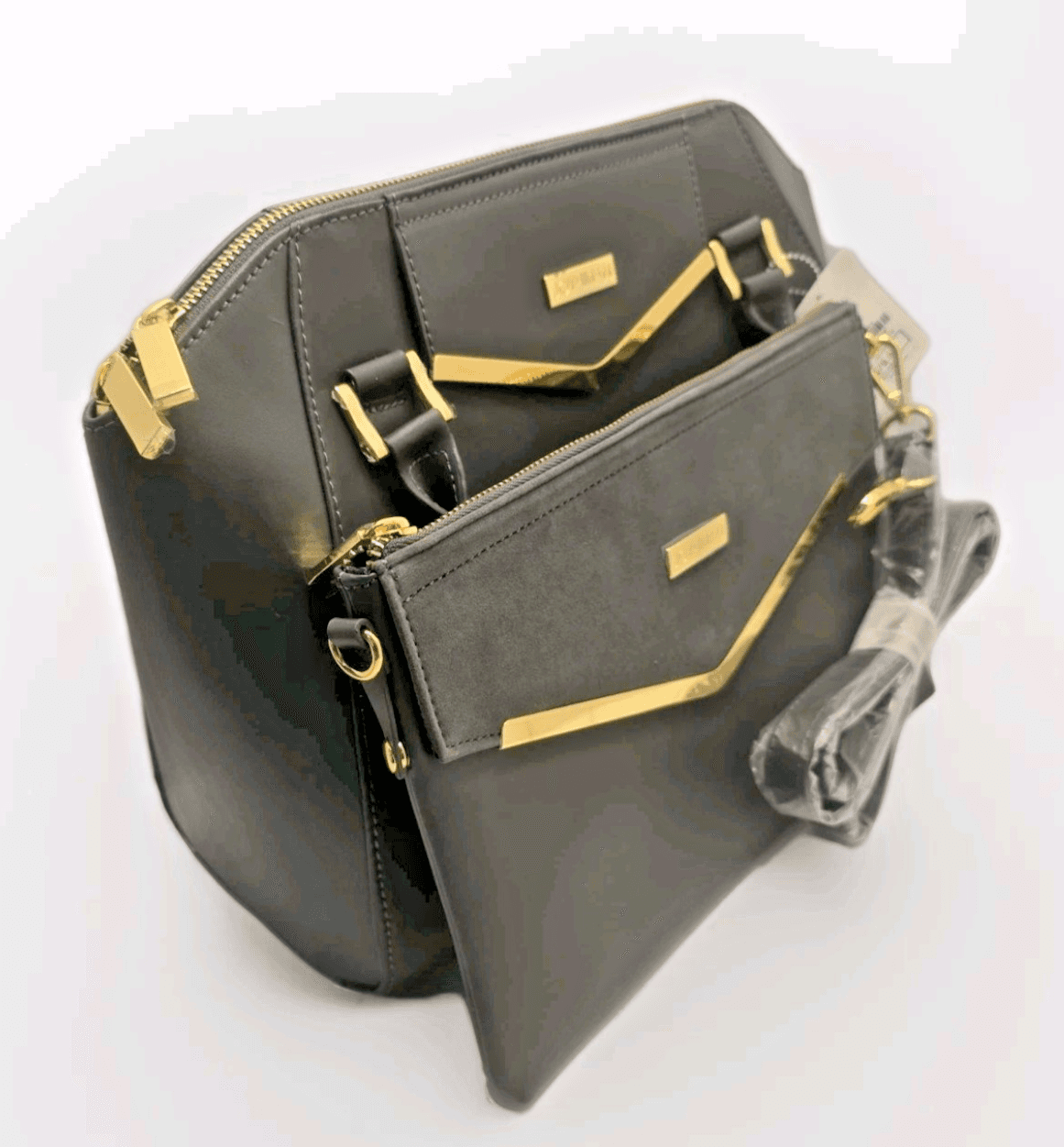 JOY & IMAN Couture Leather Satchel & Clutch with Velvet Detail-Grey - 2 BAGS SET - Thumbnail 2
