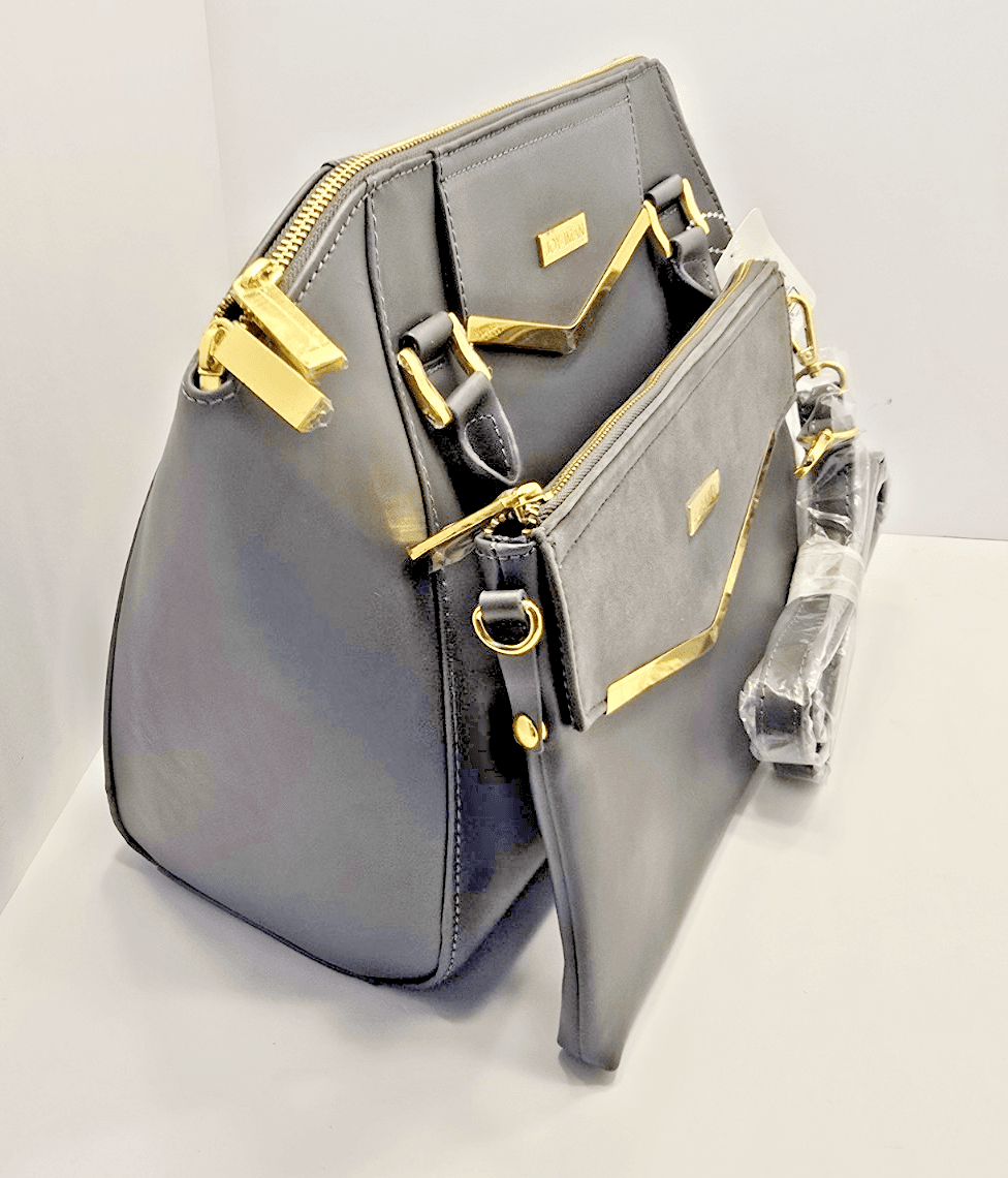 JOY & IMAN Couture Leather Satchel & Clutch with Velvet Detail-Grey - 2 BAGS SET - Thumbnail 8