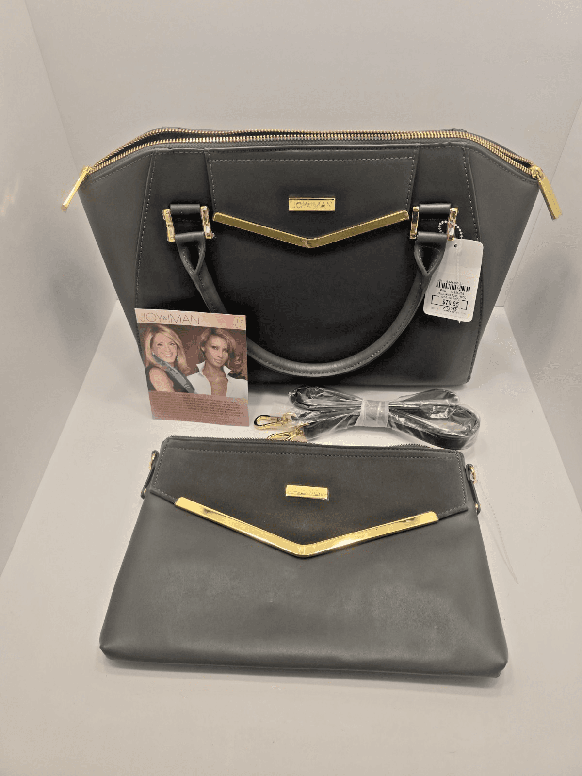JOY & IMAN Couture Leather Satchel & Clutch with Velvet Detail-Grey - 2 BAGS SET - Thumbnail 7