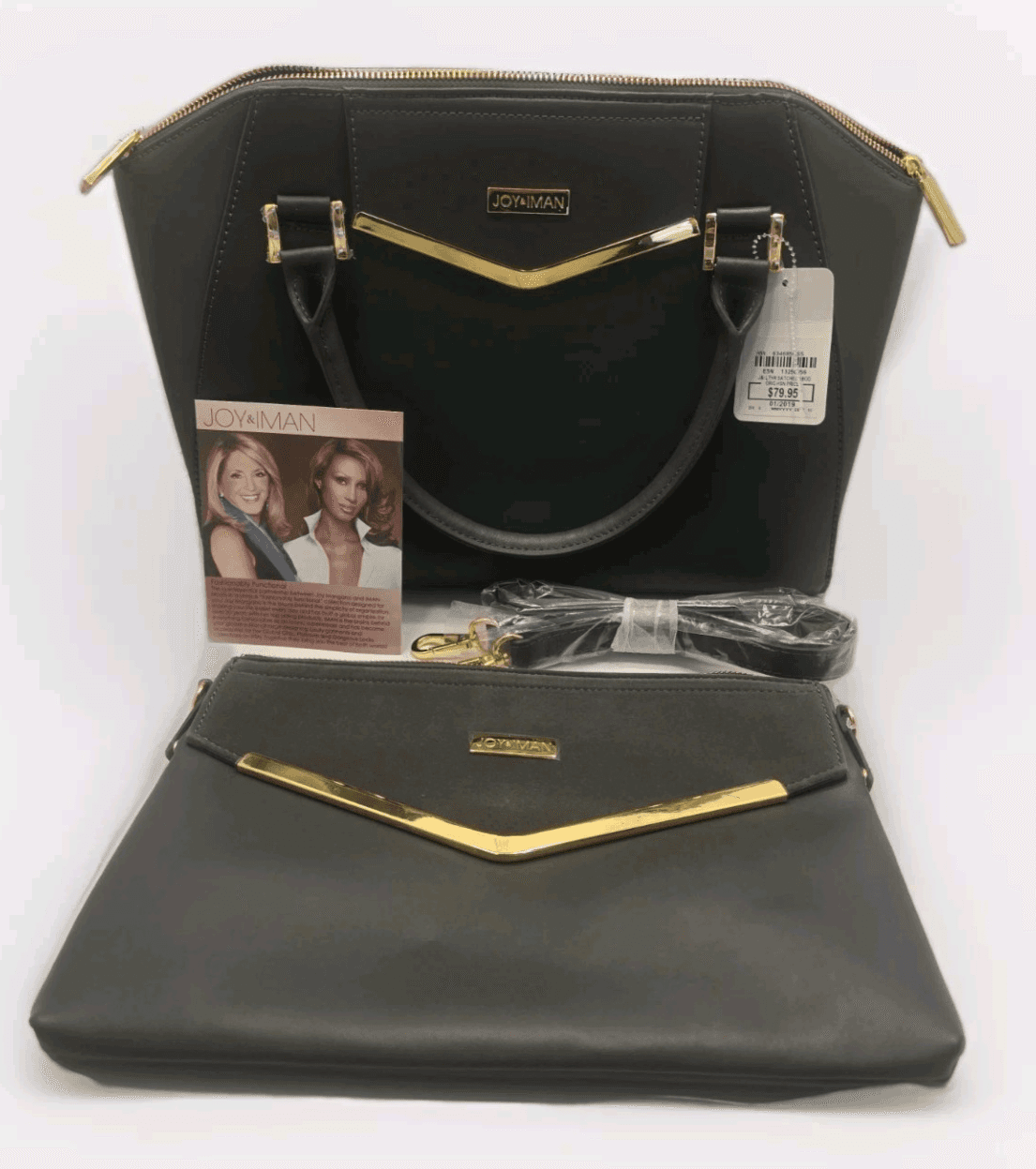 JOY & IMAN Couture Leather Satchel & Clutch with Velvet Detail-Grey - 2 BAGS SET - Thumbnail 6