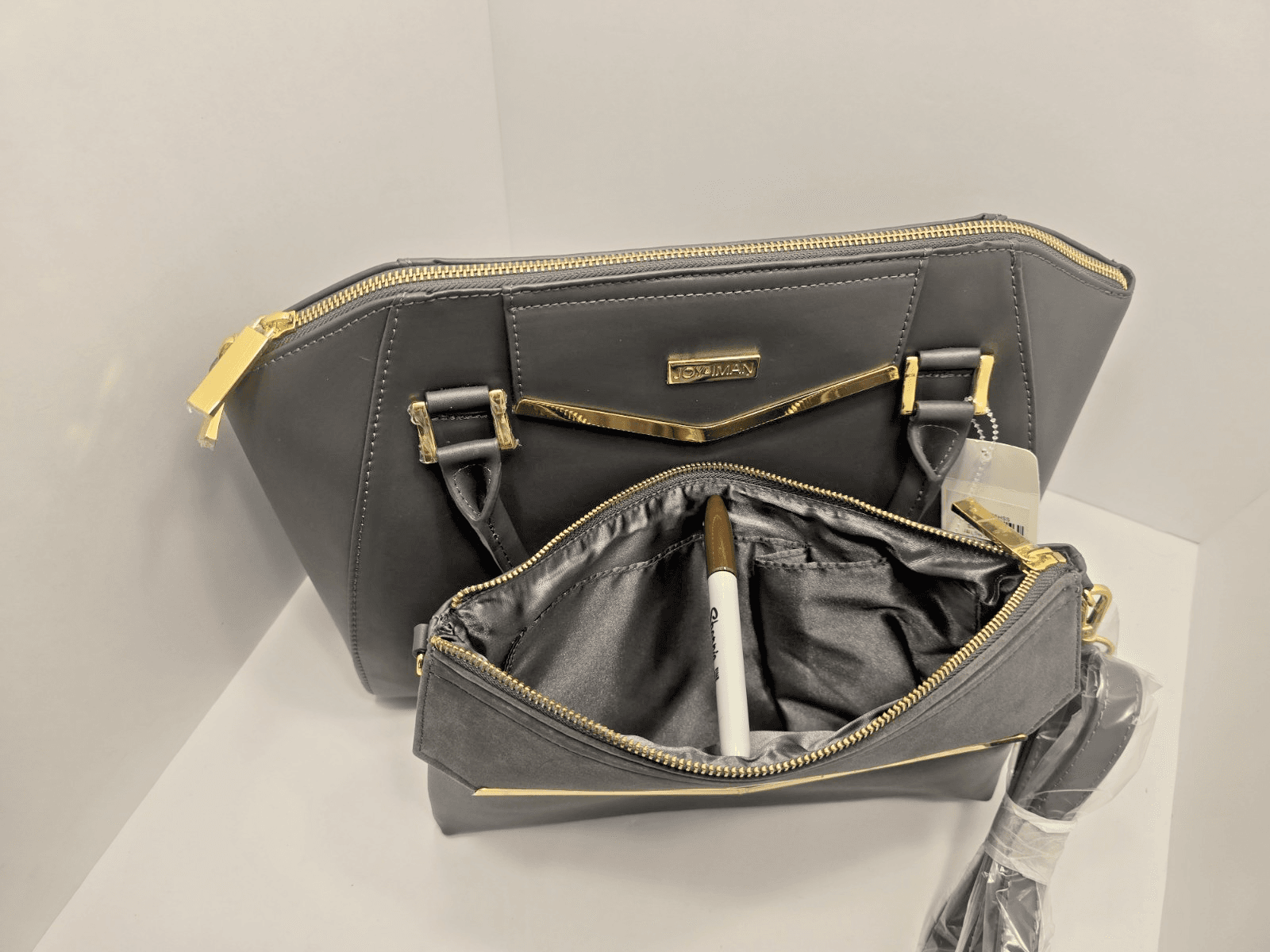 JOY & IMAN Couture Leather Satchel & Clutch with Velvet Detail-Grey - 2 BAGS SET - Thumbnail 11
