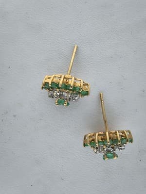 Emerald Gold-Diamond & Stone Earrings 12 Diamonds .36 Carat T.W. (I-275) - Thumbnail 9