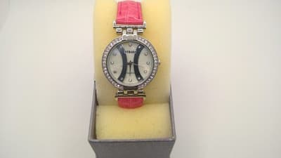 CLOCK JEWELRY STRADA CRYSTAL; QUARTZ AUSTRIAN CRYSTAL W/ PINK STRAP (I-8) - Image 1