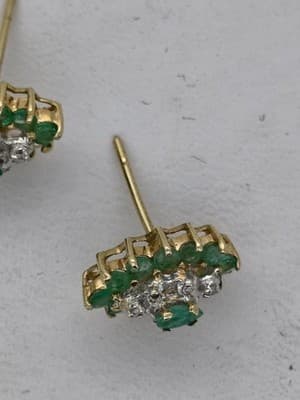 Emerald Gold-Diamond & Stone Earrings 12 Diamonds .36 Carat T.W. (I-275) - Thumbnail 7