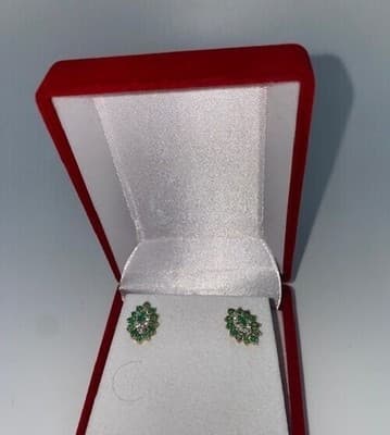 Emerald Gold-Diamond & Stone Earrings 12 Diamonds .36 Carat T.W. (I-275) - Thumbnail 3