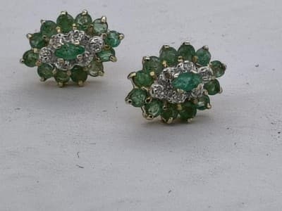 Emerald Gold-Diamond & Stone Earrings 12 Diamonds .36 Carat T.W. (I-275) - Thumbnail 8