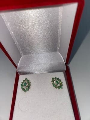 Emerald Gold-Diamond & Stone Earrings 12 Diamonds .36 Carat T.W. (I-275) - Thumbnail 6