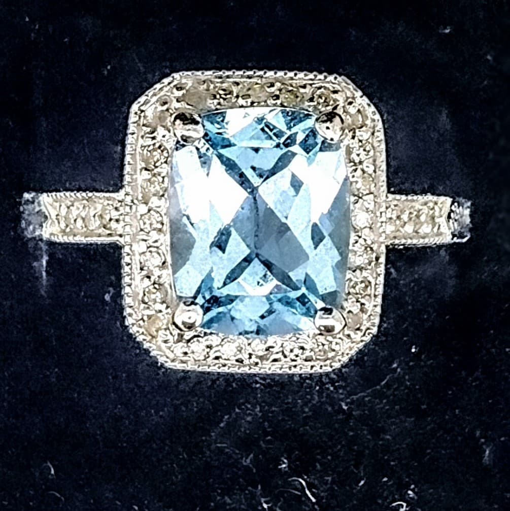 Blue Topaz Lady's Stone & Diamond Ring 18kt WHITE GOLD - Thumbnail 2