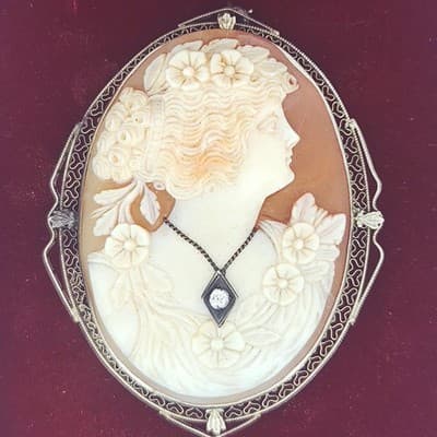 Vintage Cameo Gold-Diamond-Stone Brooch .10 CT. 14K Antique Gold 15g (GJE003671) - Thumbnail 11