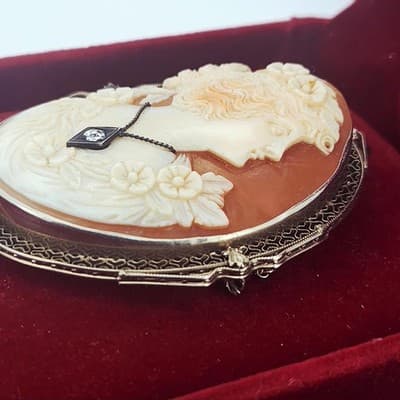 Vintage Cameo Gold-Diamond-Stone Brooch .10 CT. 14K Antique Gold 15g (GJE003671) - Thumbnail 9