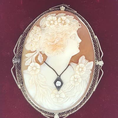 Vintage Cameo Gold-Diamond-Stone Brooch .10 CT. 14K Antique Gold 15g (GJE003671) - Thumbnail 12