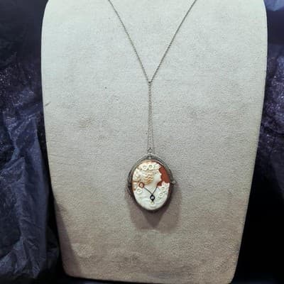 Vintage Cameo Gold-Diamond-Stone Brooch .10 CT. 14K Antique Gold 15g (GJE003671) - Thumbnail 2