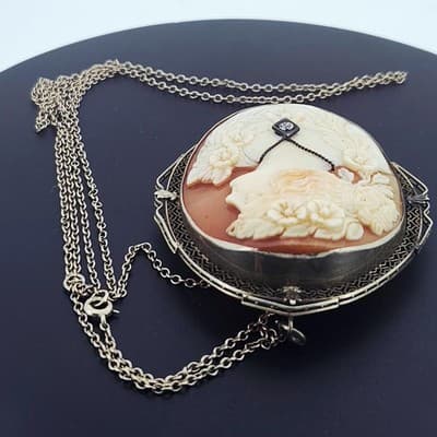 Vintage Cameo Gold-Diamond-Stone Brooch .10 CT. 14K Antique Gold 15g (GJE003671) - Thumbnail 3