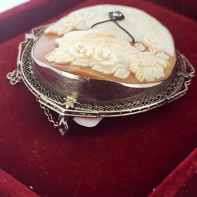 Vintage Cameo Gold-Diamond-Stone Brooch .10 CT. 14K Antique Gold 15g (GJE003671) - Thumbnail 7