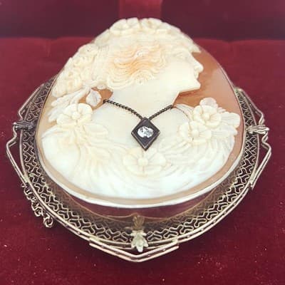 Vintage Cameo Gold-Diamond-Stone Brooch .10 CT. 14K Antique Gold 15g (GJE003671) - Thumbnail 10